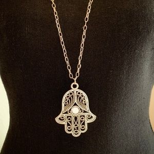 NWT Silver Hamsa Sweater Necklace – Long 36” Pendant, Nickel/Lead Free